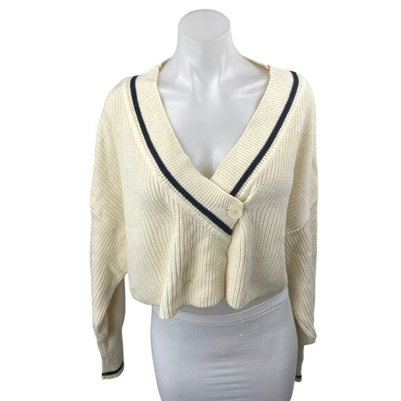 Oak + Fort Cream Rib Chunky Knit V-neck Long Sleeve Crop Cardigan Sweater Top M - Picture 1 of 4